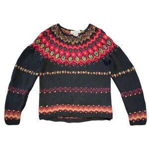 Susan Bristol Womens Fair Isle Knit Sweater S Black Red Multicolor Cotton Blend